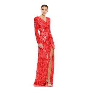 MAC DUGGAL Dress Size 14 Evening Gown Sequin Red Beaded NEW V Neck style 4625